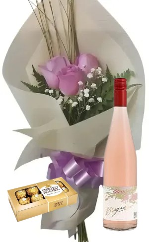 Ramo de 3 rosas lilas Bombones Ferrero Rocher 8 uds y Vino Stagnari Blush