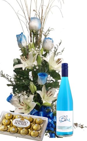Copa 6 rosas azules y lilium blancos con bomb x12un y con vino stagnari Blue
