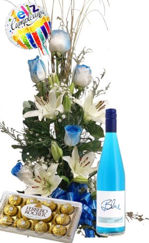 Copa 6 rosas azules y lilium blancos c/bomb x12un c/stagnari Blue c/globo feliz cumpleaños
