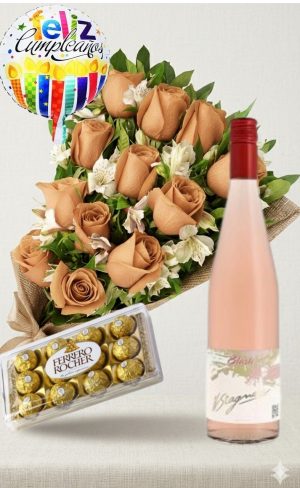 Ramo de 12 rosas beige con astromelias, bombones Ferrero Rocher 12 uds, Vino Stagnari Chardonnay De Virginia y globo "Feliz Cumpleaños"