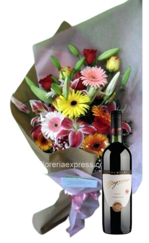 Mixto Grande de 6 rosas, 2 liliums y 6 gerberas y vino Staniari Tannat