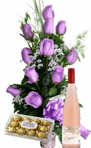 Copa de 12 rosas lila con bombones Ferrero Rocher 8 uds y Vino Stagnari Blush