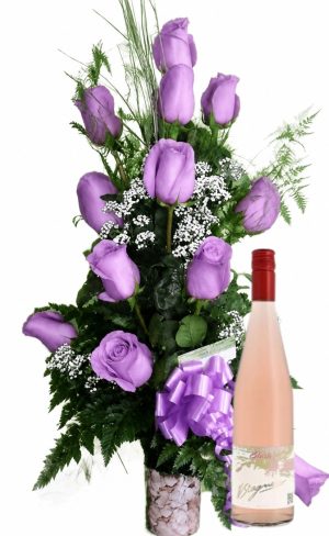 Copa de 12 rosas lila y Vino Stagnari Blush