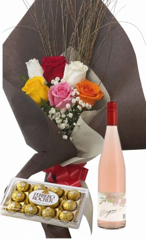 Ramo de 6 rosas multicolor con bombones Ferrero Rocher 8 uds y vino Stagnari Blush