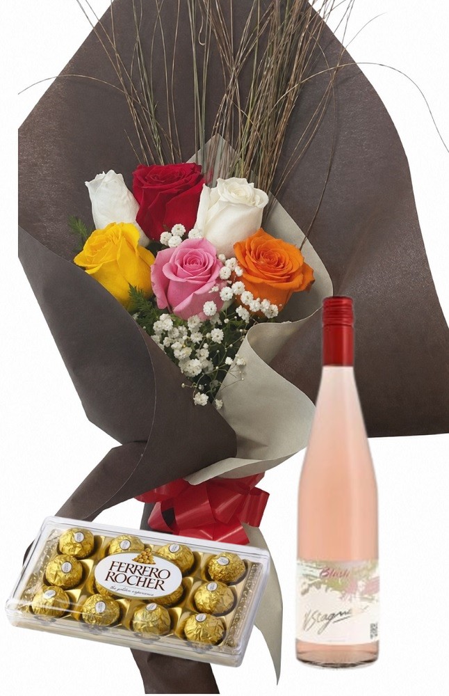 Ramo de 6 rosas multicolor con bombones Ferrero Rocher 8 uds y vino Stagnari Blush
