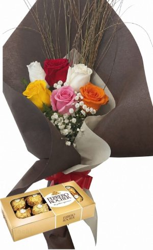 Ramo de 6 rosas multicolor con bombones Ferrero Rocher 8 uds
