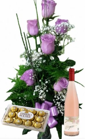 Copa de 6 rosas lila con bombones Ferrero Rocher 8 uds y Vino Stagnari Blush