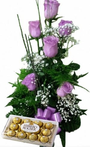 Copa de 6 rosas lila con bombones Ferrero Rocher 12 uds