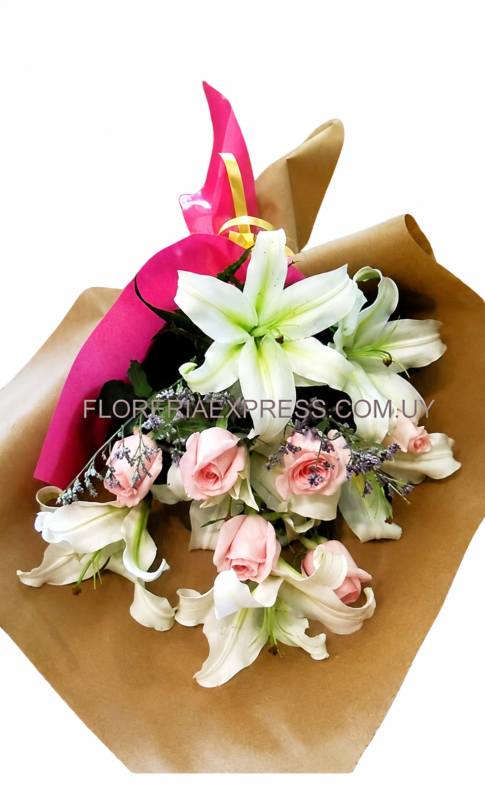 Ramo mixto de 6 rosas beige y 2 liliums blancos Ramo mixto de 6 rosas beige y 2 Liliums Blancos - Imagen 1