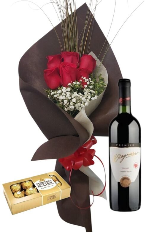 Ramo de 6 Rosas Con Bombones Y Vino