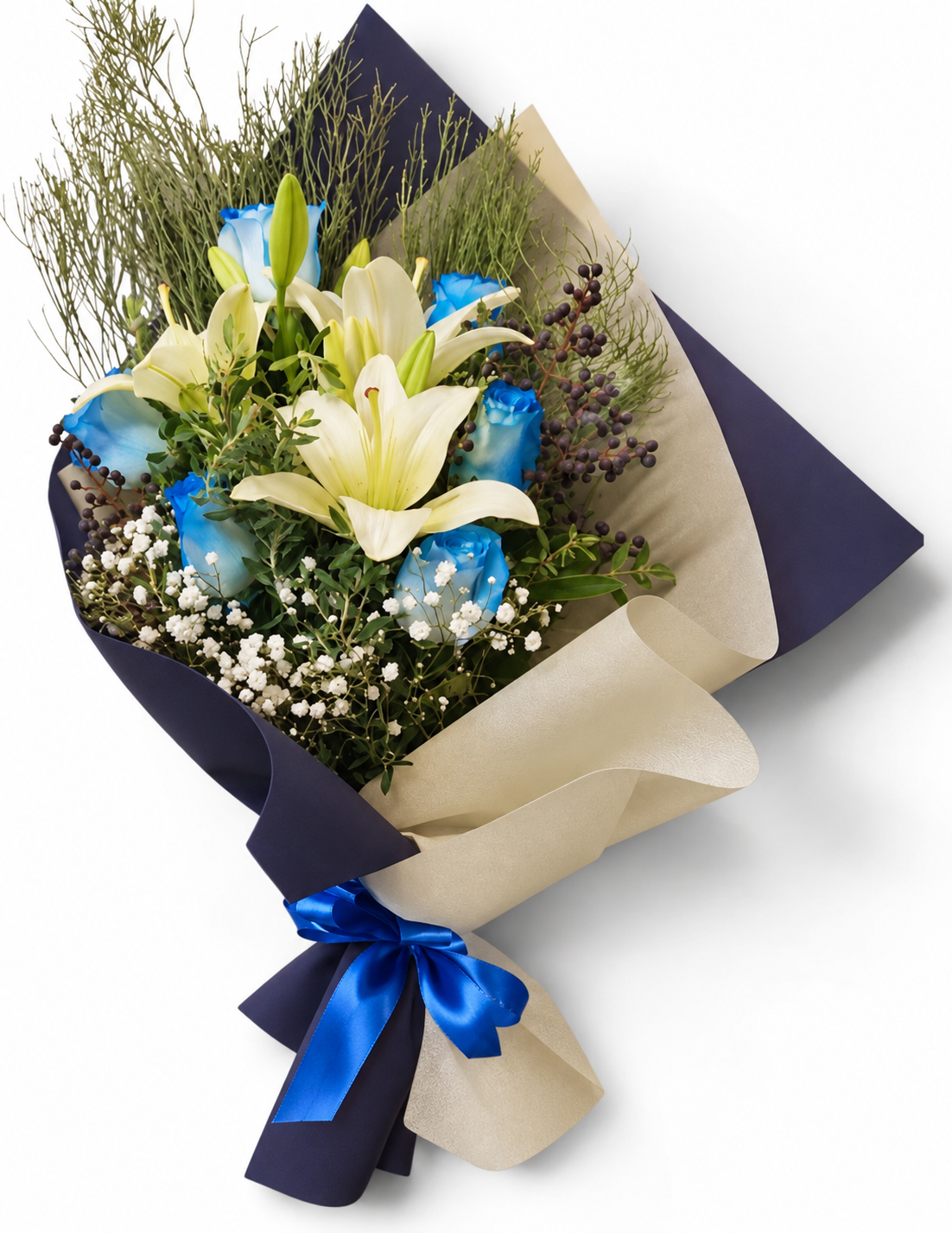 Ramo de lirios blancos y rosas azules Ramo de 6 Rosas Y 2 Liliums Blanco - Imagen 1