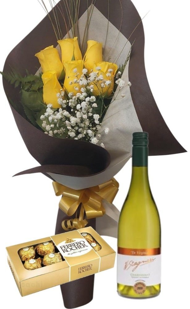 Ramo de 6 rosas amarillas con bombones y vino Ramo de 6 Rosas con Bombones Y Vino - Imagen 1