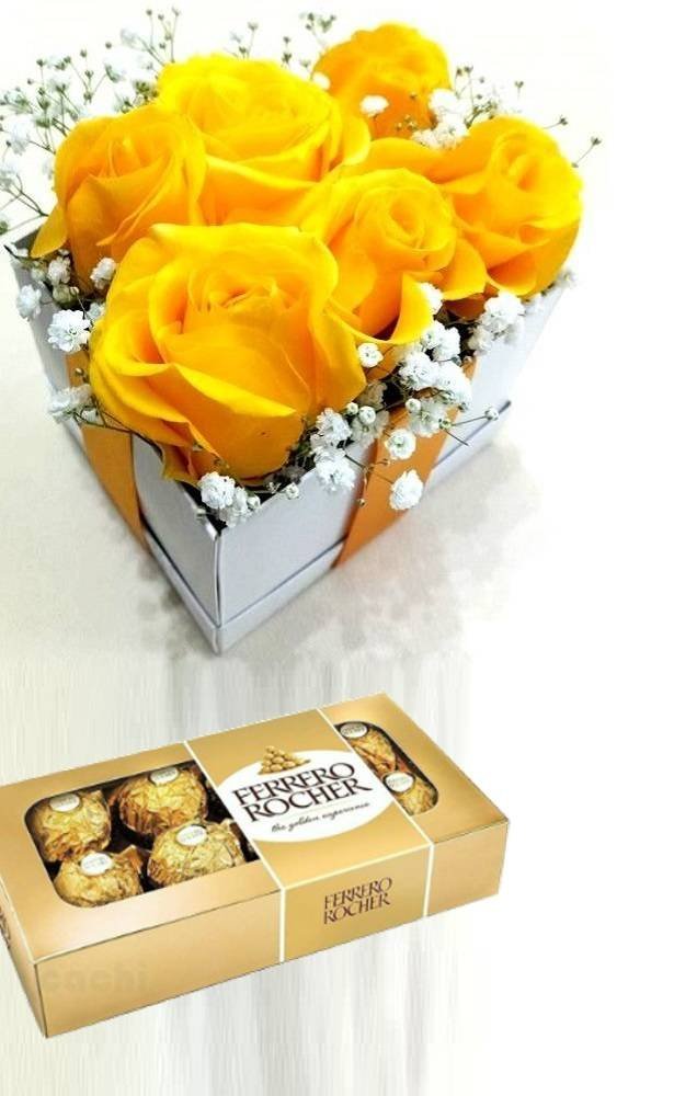 cubo-6-rosas-amarillas-con-bombones-ferrero-rocher-x8un Cubo 6 Rosas Con Bombones - Imagen 1