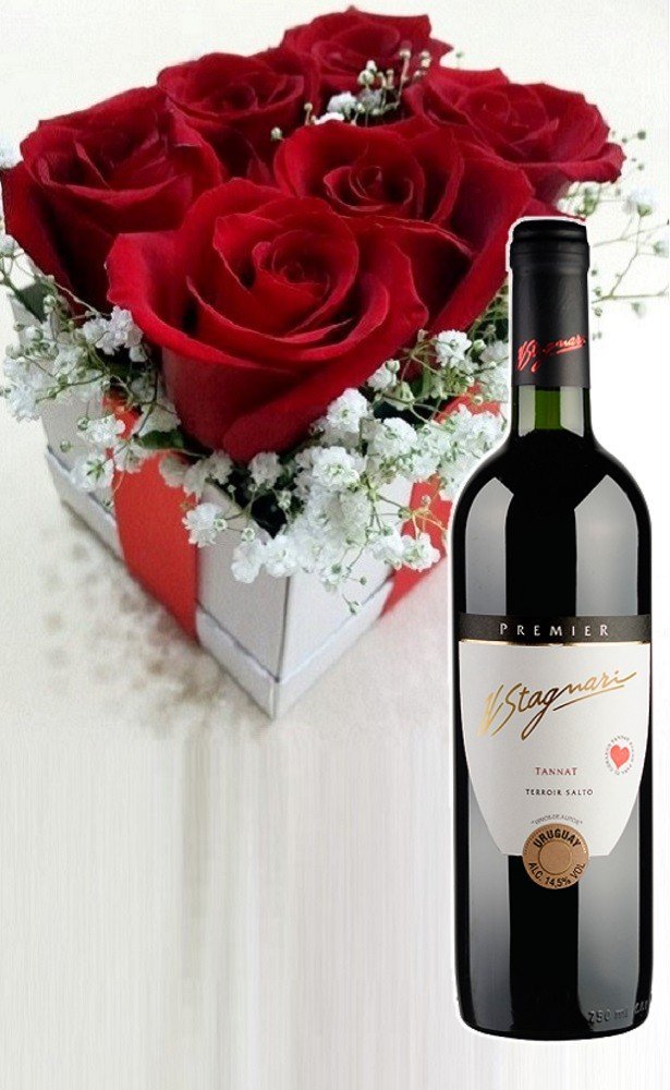 cubo-6-rosas-rojas-con-vino-stagnari-tannat-premier Cubo de 6 Rosas Con Vino - Imagen 1