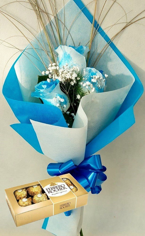 ramo-de-3-rosas-azules-con-bombones-ferrero-rocher-x-8-uds Ramo de 3 Rosas Con Bombones - Imagen 1